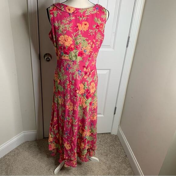 Vintage 90s pink floral drape lettuce hem midi dress size 12 - Picture 4 of 7